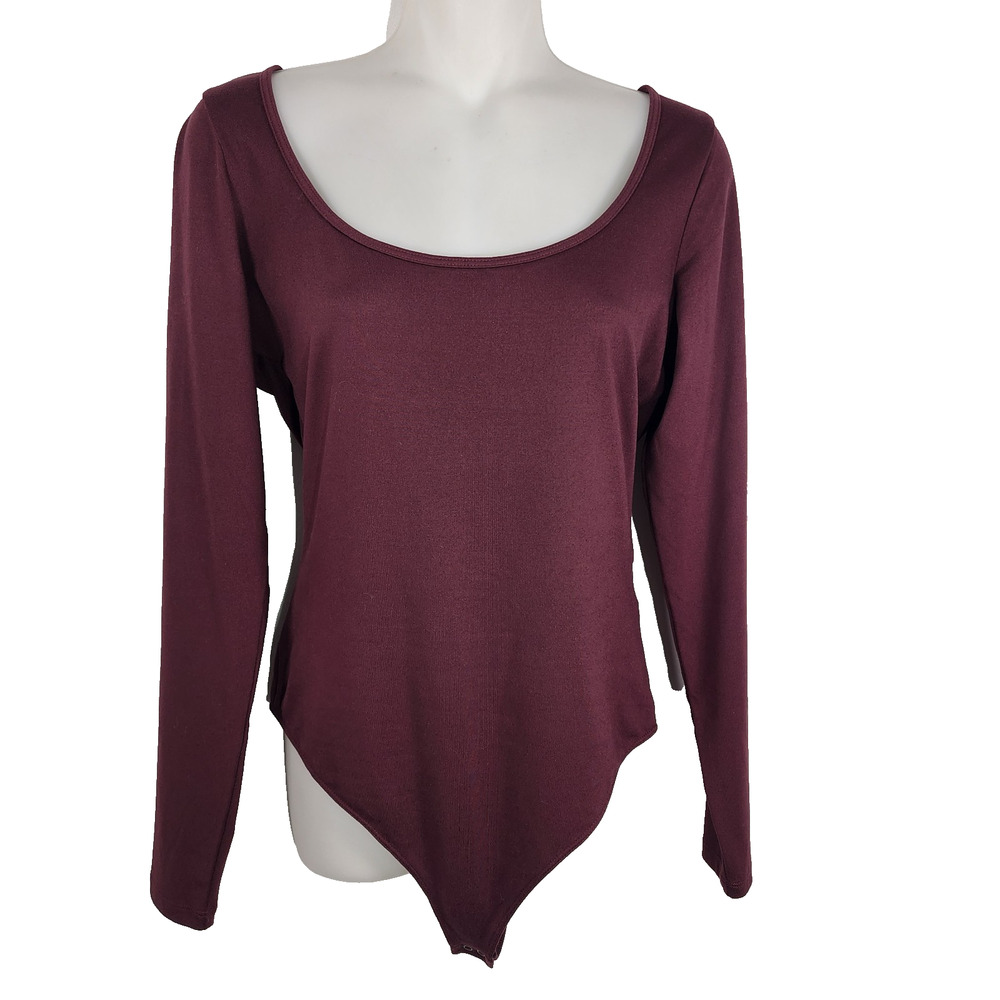 Hollister Women Bodysuit Size Large Burgundy Long Sleeve Snap Closure Scoop Neck